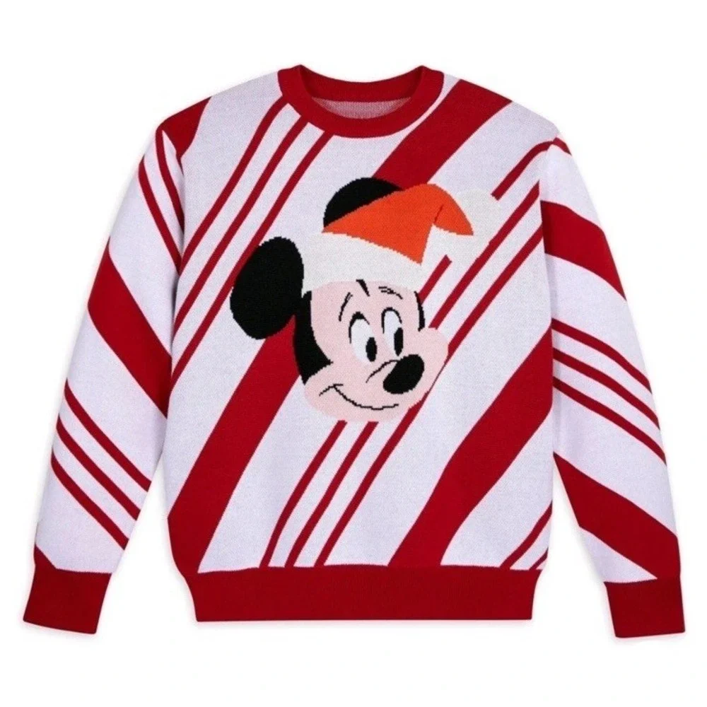 New Disney Parks Santa Mickey Mouse Sweater Xmas Candy Cane Stripes Mens S - Picture 1 of 7
